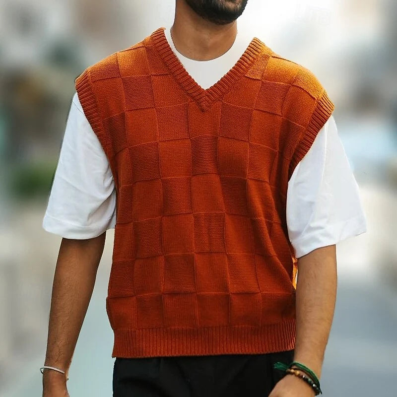Men's orange checkerboard-textured V-Neck Sweater Vest