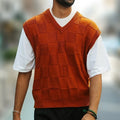 Men's orange checkerboard-textured V-Neck Sweater Vest