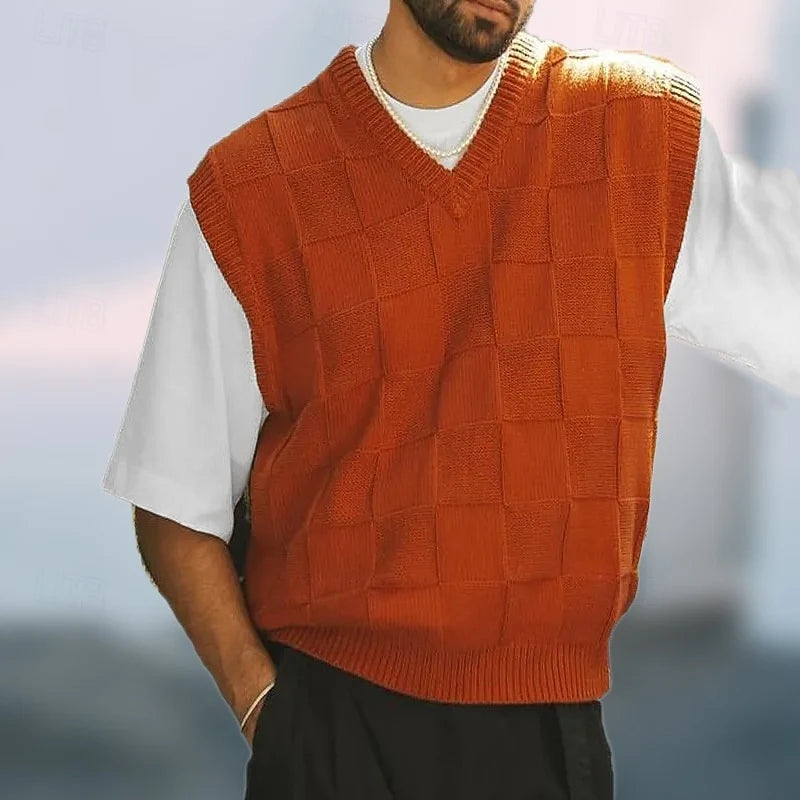 Men's royal blue checkerboard-textured V-Neck Sweater Vest