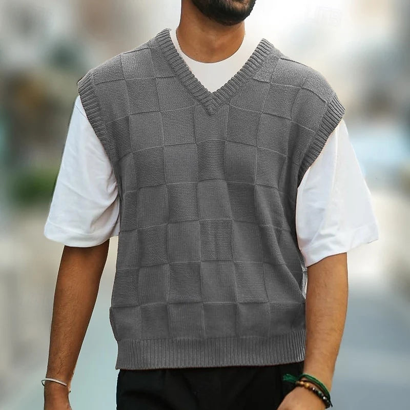 Men's black checkerboard-textured V-Neck Sweater Vest