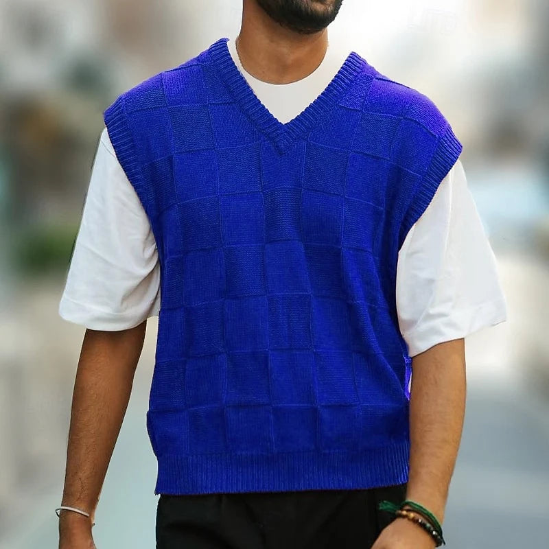 Men's black checkerboard-textured V-Neck Sweater Vest