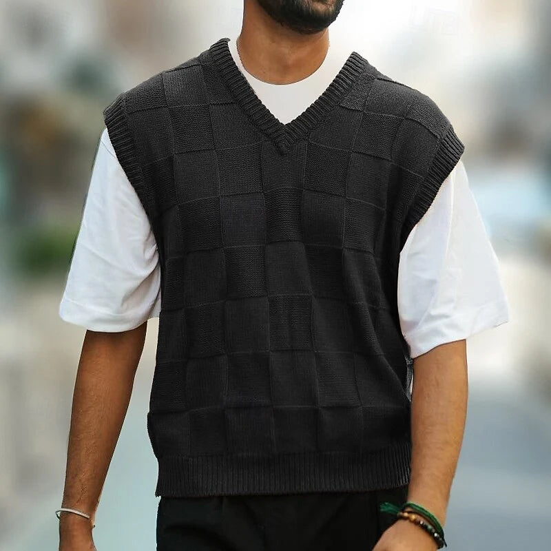 Men's black checkerboard-textured V-Neck Sweater Vest