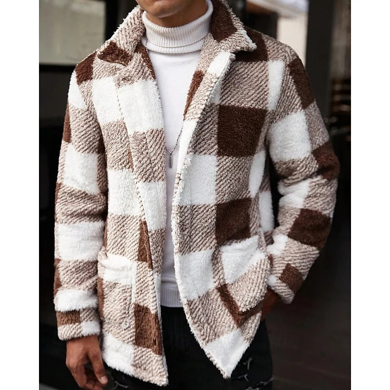 Men's khaki plaid sherpa fleece shacket, button-front shirt jacket