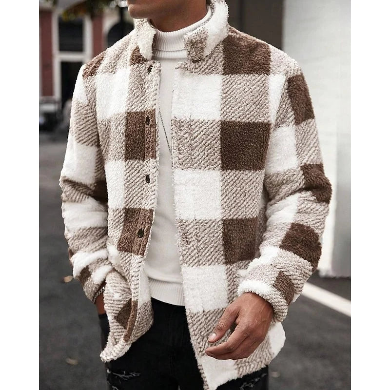 Men's khaki plaid sherpa fleece shacket, button-front shirt jacket