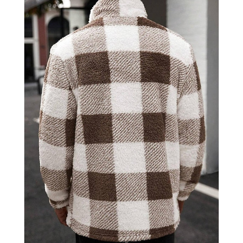 Men's khaki plaid sherpa fleece shacket, back view of shirt jacket