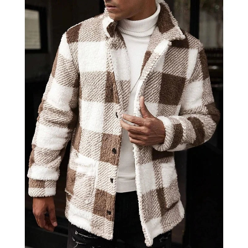 Men's khaki plaid sherpa fleece shacket, button-front shirt jacket