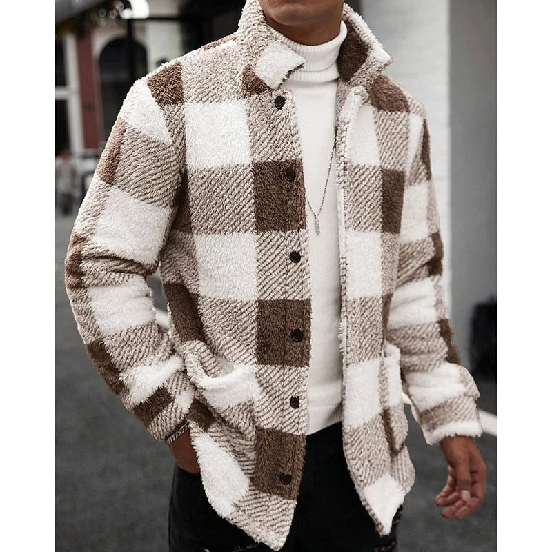 Men's khaki plaid sherpa fleece shacket, button-front shirt jacket