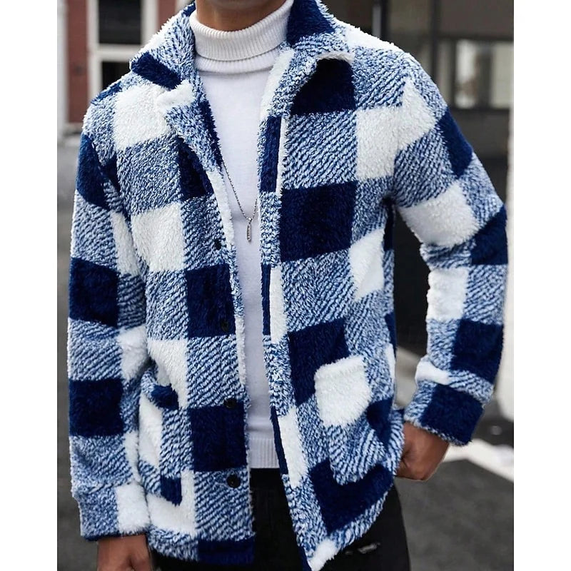 Men's blue plaid sherpa fleece shacket, button-front shirt jacket