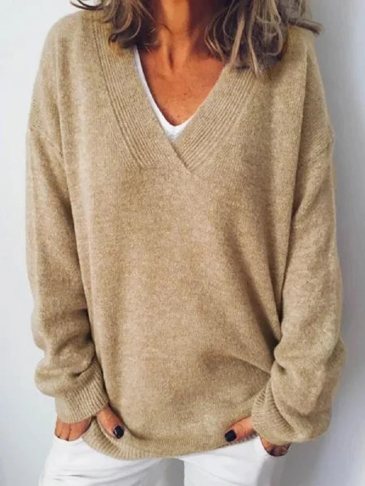 Women's camel v-neck cashmere-blend pullover