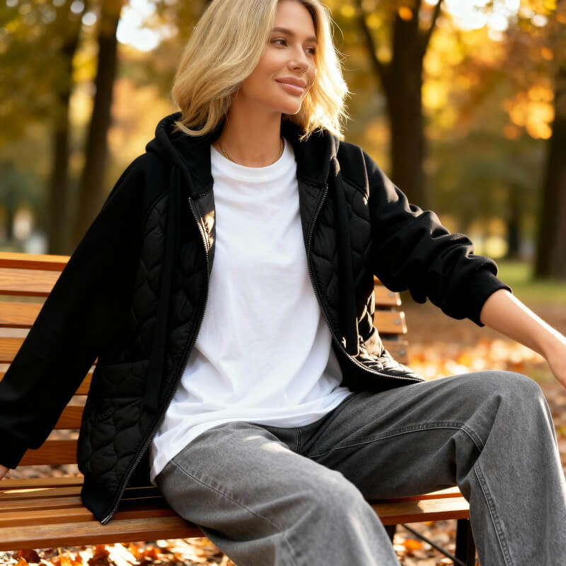 Women's black quilted hooded jacket
