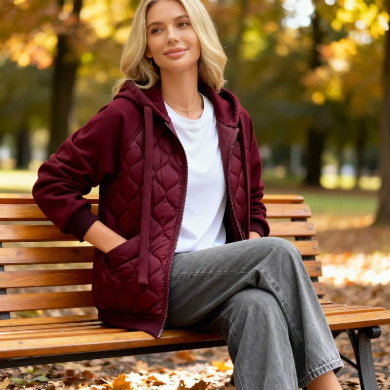 Women's maroon quilted hooded jacket