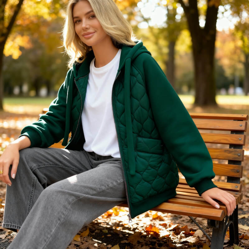 Women's forest green quilted hooded jacket