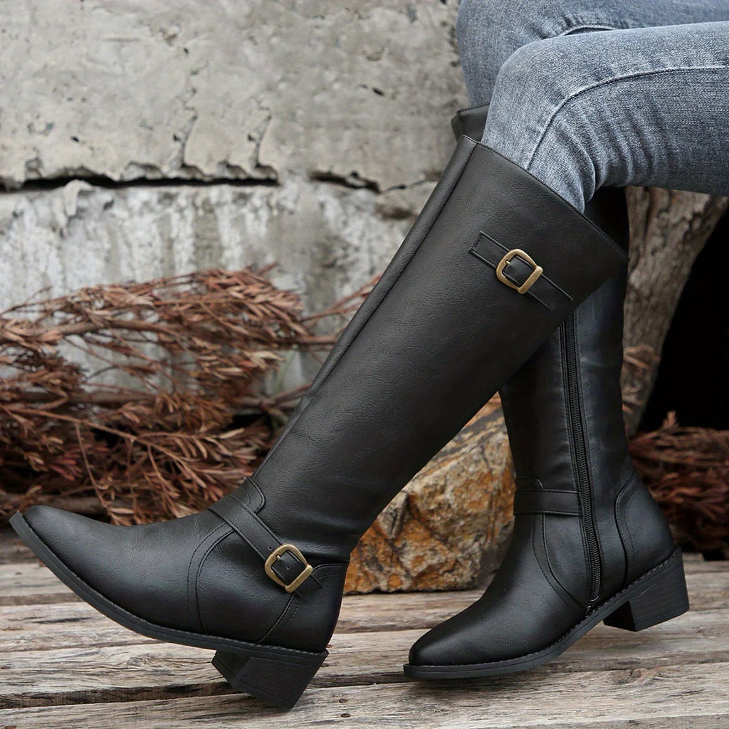 Women's black classic Knee-High Riding Boots with Buckle Strap