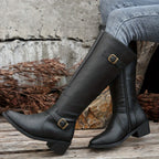 Women's black classic Knee-High Riding Boots with Buckle Strap