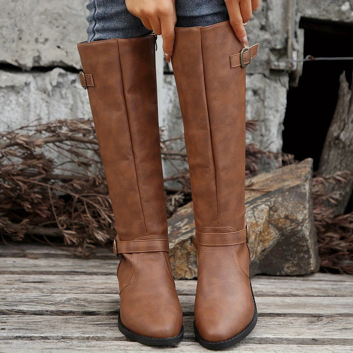 Women's light brown-1 classic Knee-High Riding Boots with Buckle Strap
