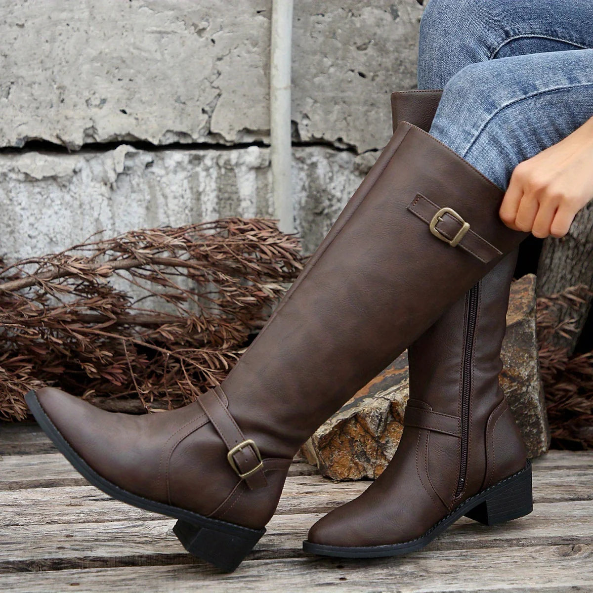 Women's dark brown classic Knee-High Riding Boots with Buckle Strap