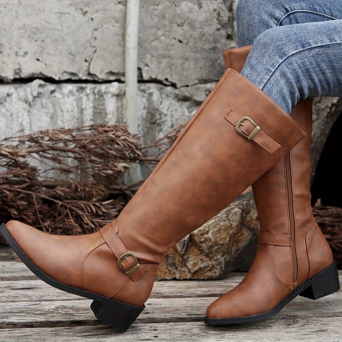 Women's dark brown classic Knee-High Riding Boots with Buckle Strap
