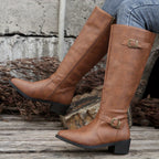 Women's dark brown classic Knee-High Riding Boots with Buckle Strap