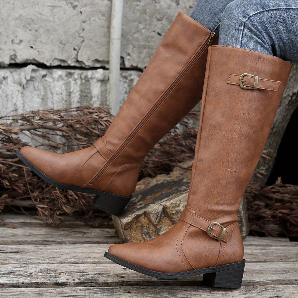 Women's dark brown classic Knee-High Riding Boots with Buckle Strap