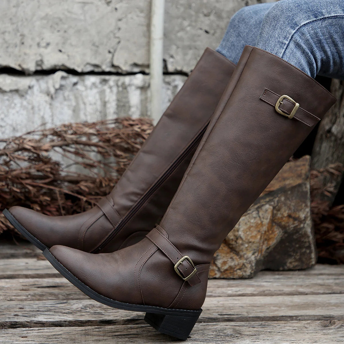 Women's dark brown classic Knee-High Riding Boots with Buckle Strap