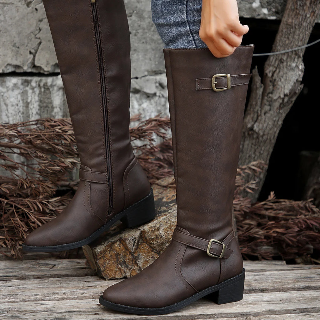 Women's dark brown classic Knee-High Riding Boots with Buckle Strap