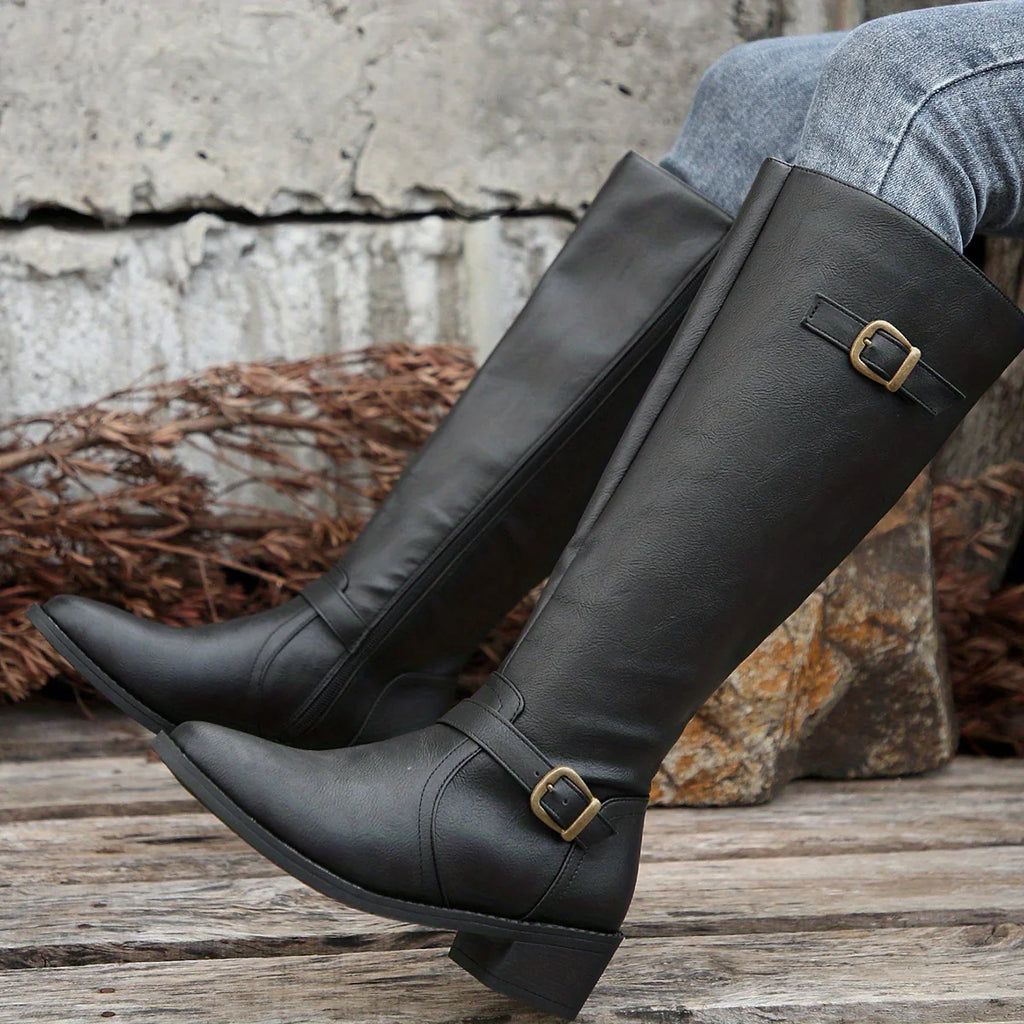 Women's dark brown classic Knee-High Riding Boots with Buckle Strap