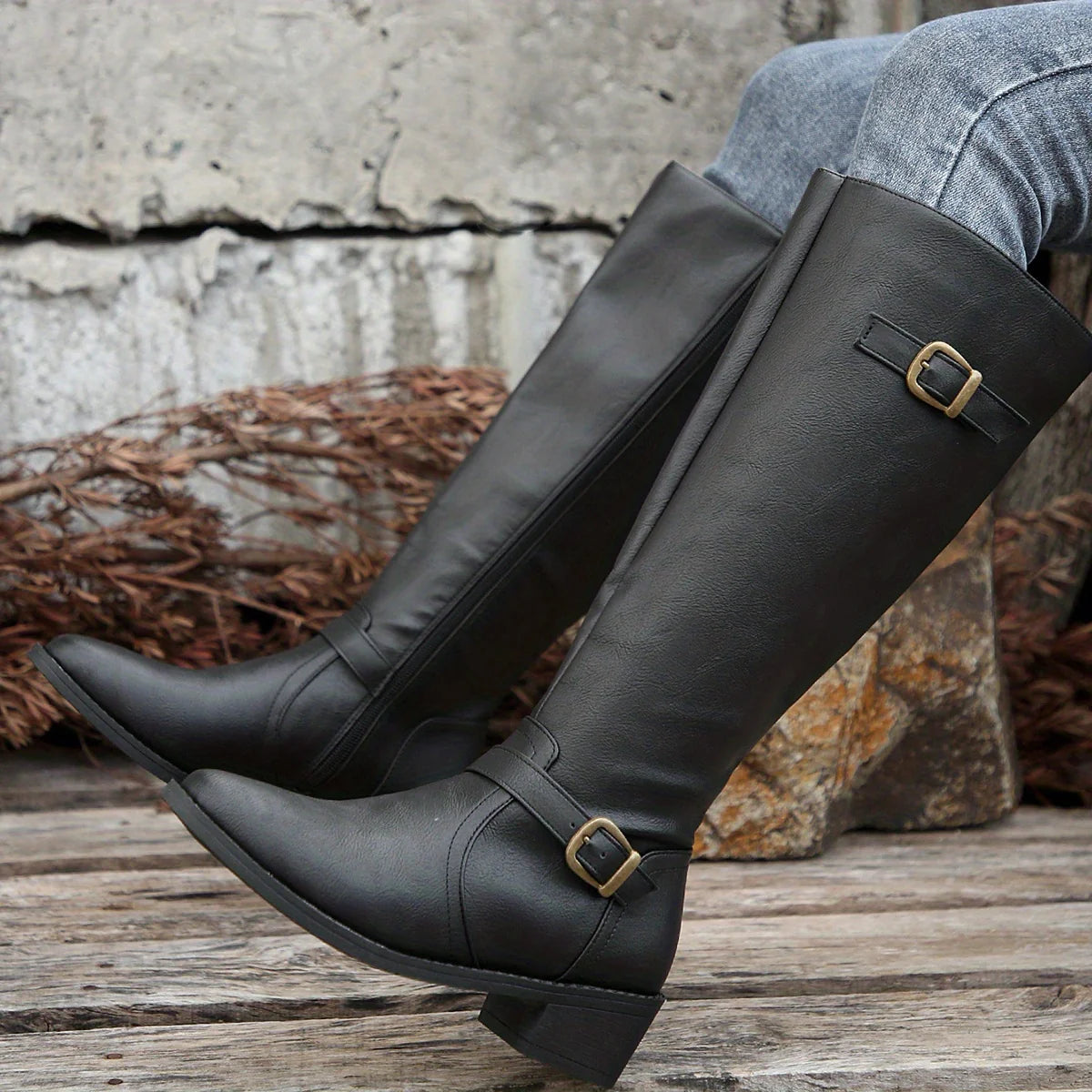 Women's dark brown classic Knee-High Riding Boots with Buckle Strap