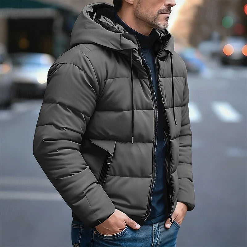 Men's dark grey insulated Hooded Street-Style Puffer Jacket for Winter