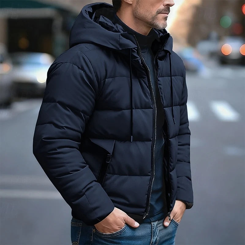 Men's blue insulated Hooded Street-Style Puffer Jacket for Winter