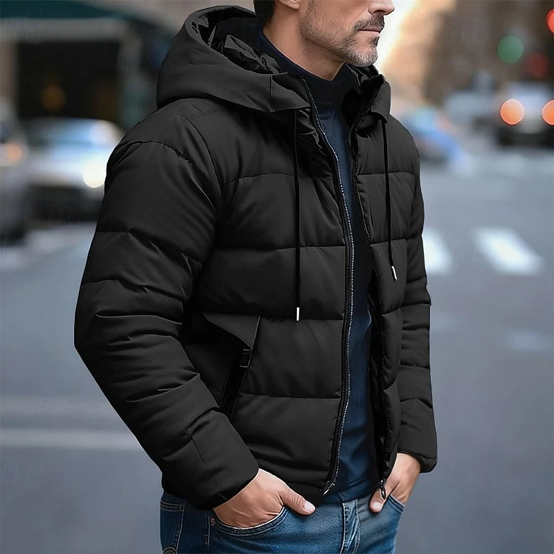 Men's black insulated Hooded Street-Style Puffer Jacket for Winter