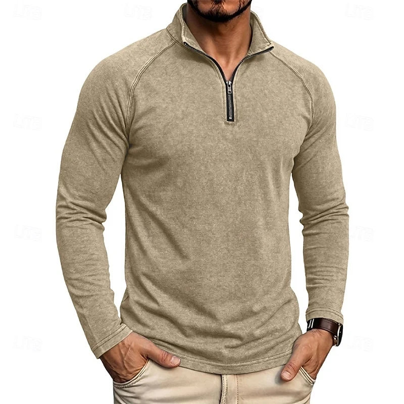 Men's khaki relaxed Heathered Quarter-Zip Pullover Top, Raglan