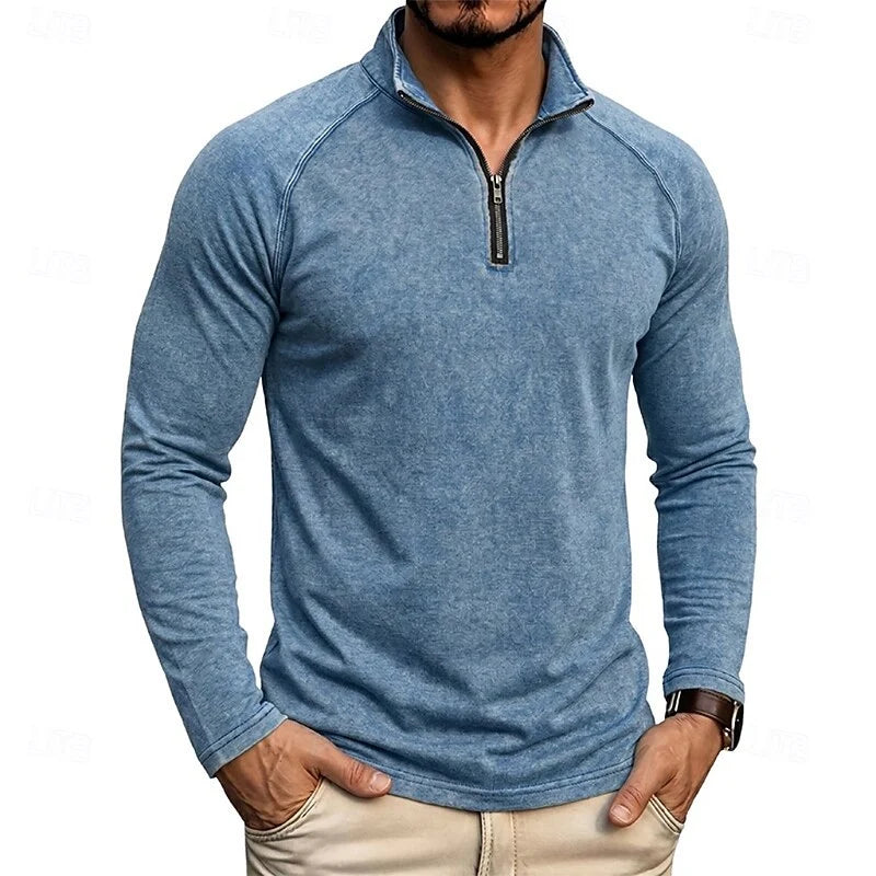 Men's navy blue relaxed Heathered Quarter-Zip Pullover Top, Raglan