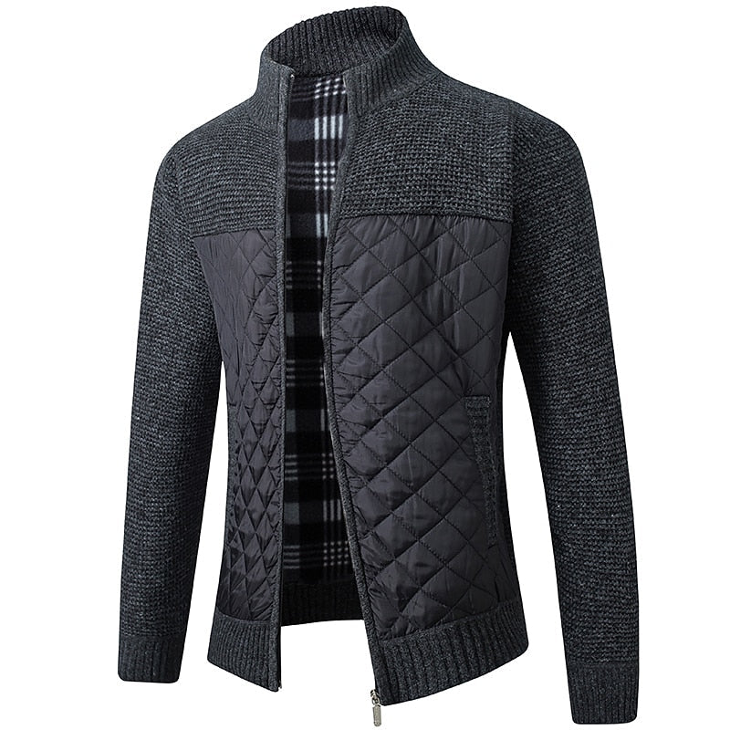 Men's black quilted-panel Zip Cardigan with Plaid Flannel Lining