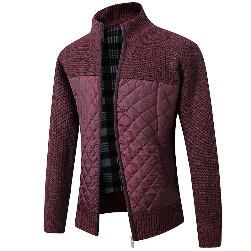 Men's burgundy quilted-panel Zip Cardigan with Plaid Flannel Lining