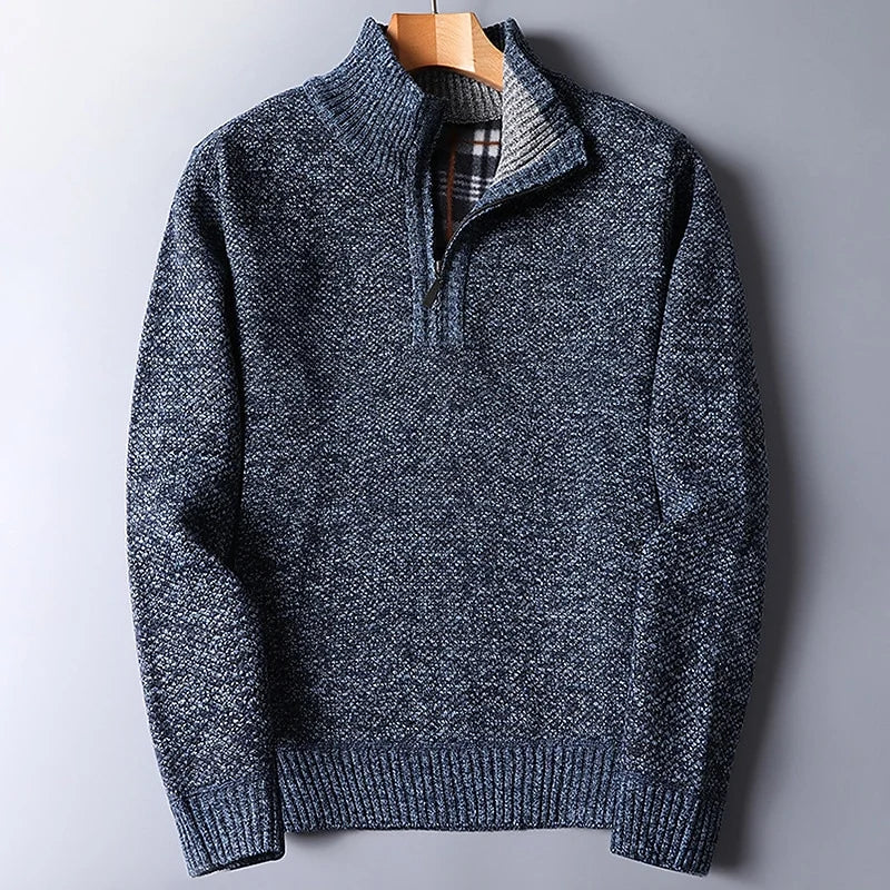 Men's blue heathered Stand-Collar Quarter-Zip Knit Sweater