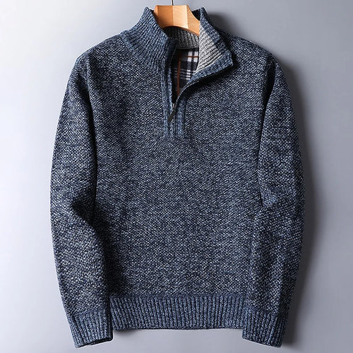 Men's blue heathered Stand-Collar Quarter-Zip Knit Sweater