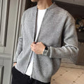 Men's gray ribbed knit zip-front cardigan with mock neck