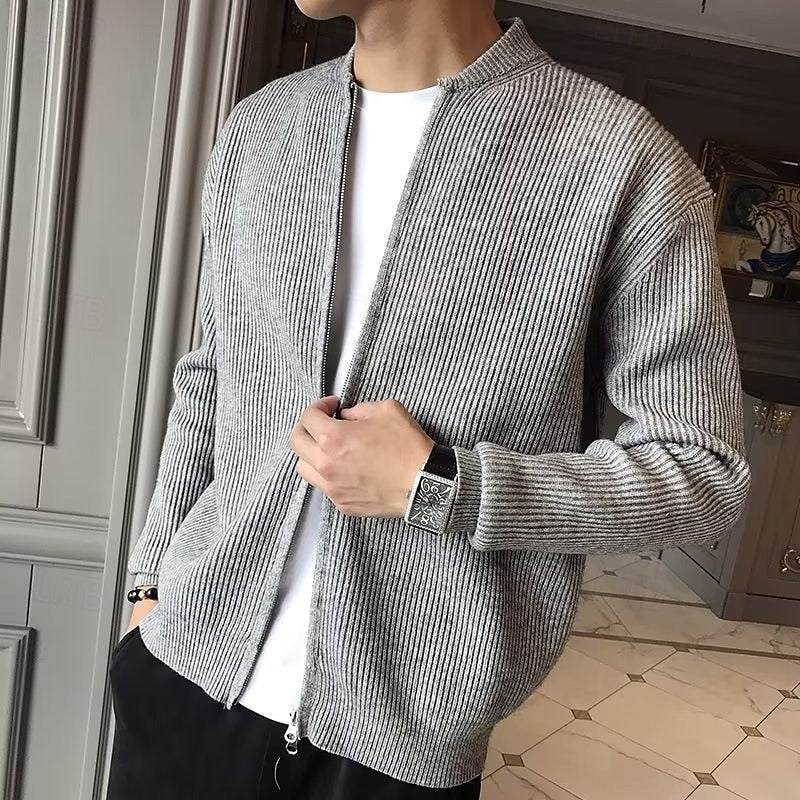 Men's gray ribbed knit zip-front cardigan with mock neck