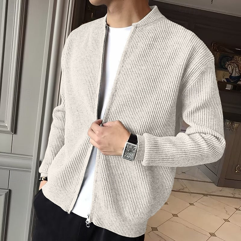 Men's beige ribbed knit zip-front cardigan with mock neck