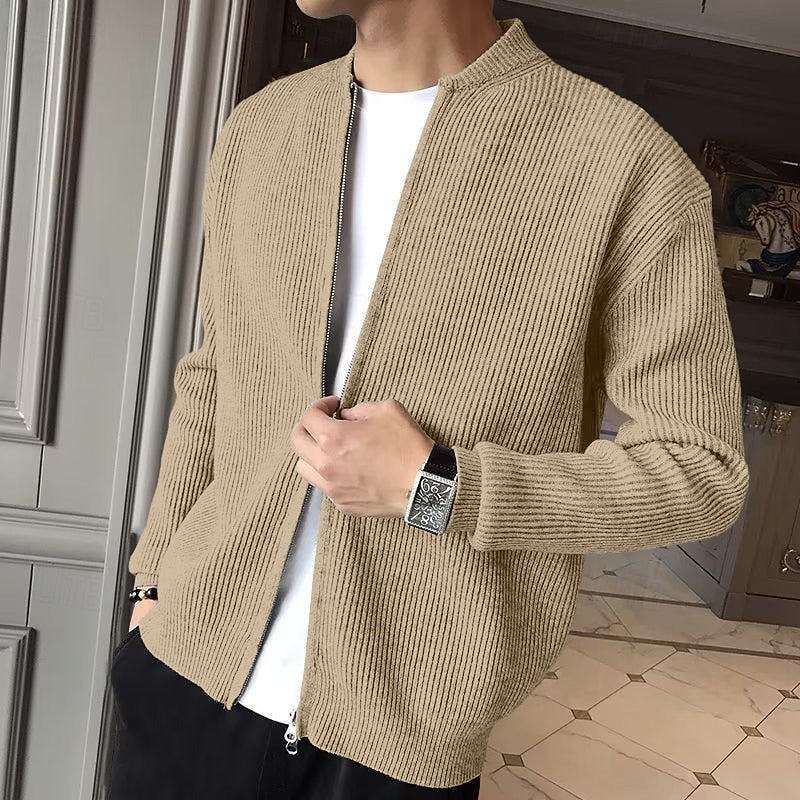 Men's khaki ribbed knit zip-front cardigan with mock neck