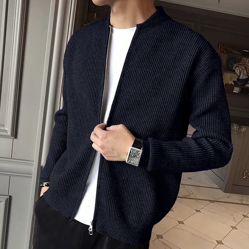 Men's black ribbed knit zip-front cardigan with mock neck