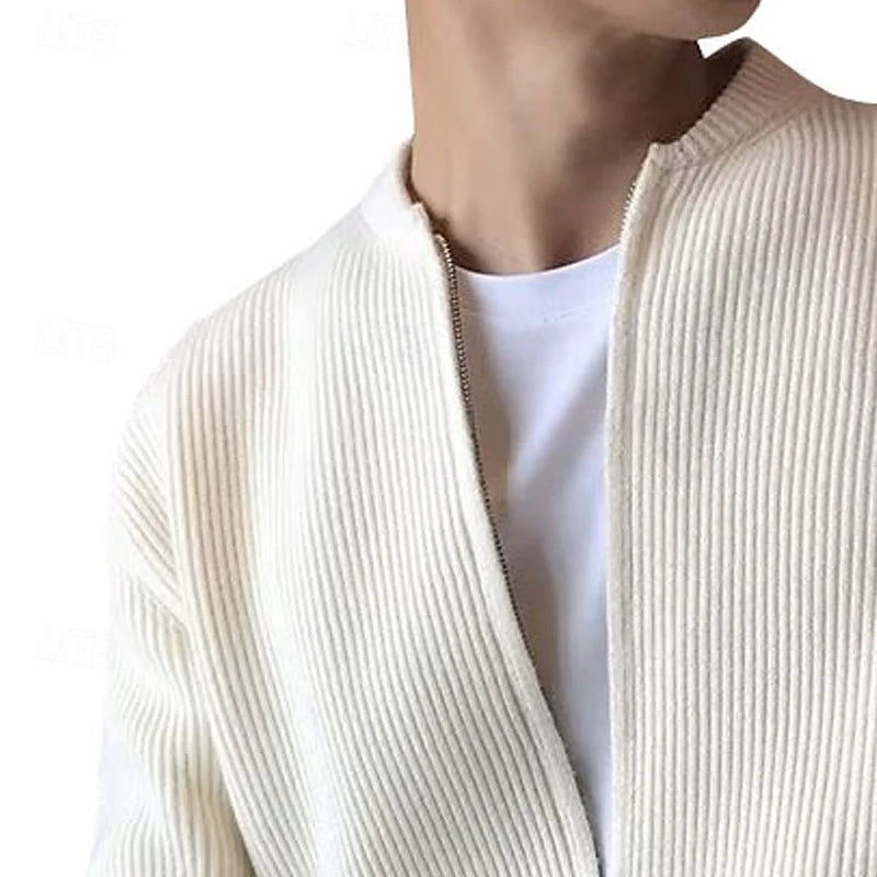 Men's beige ribbed knit zip-front cardigan with mock neck
