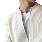 Men's beige ribbed knit zip-front cardigan with mock neck