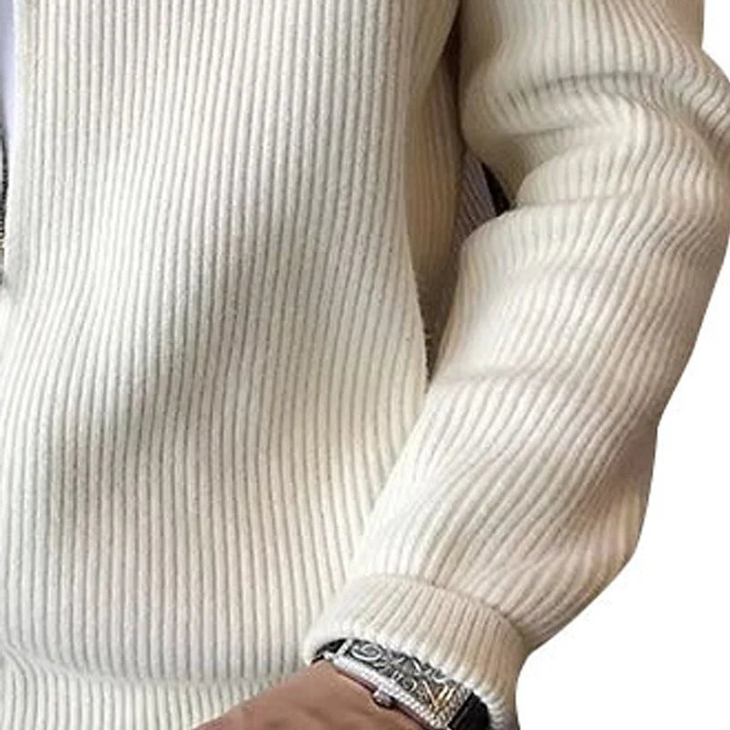 Men's beige ribbed knit zip-front cardigan with mock neck
