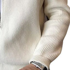 Men's beige ribbed knit zip-front cardigan with mock neck