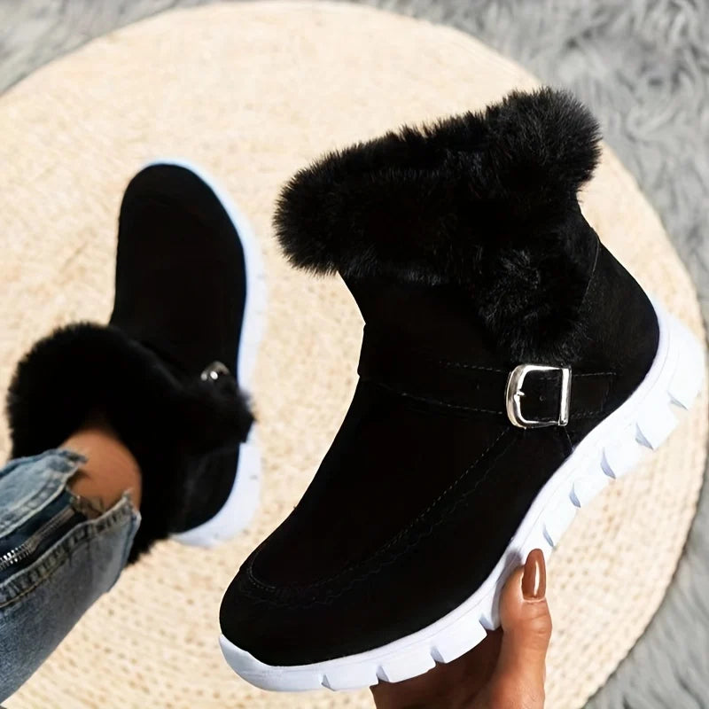 Women's black chunky Sneaker-Boot Hybrid with Plush Fur Trim for Winter