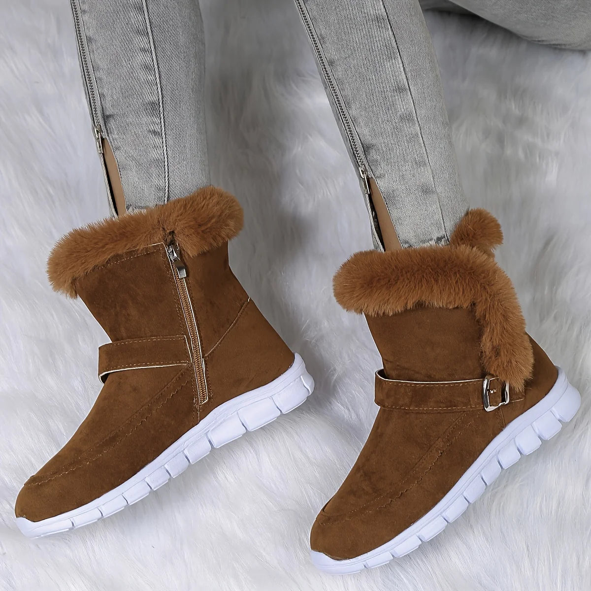 Women's brown chunky Sneaker-Boot Hybrid with Plush Fur Trim for Winter