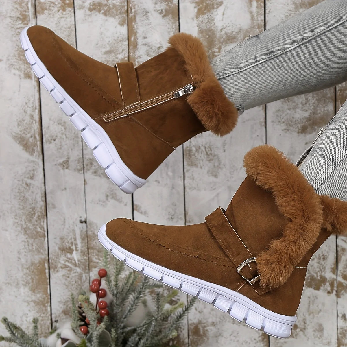 Women's brown chunky Sneaker-Boot Hybrid with Plush Fur Trim for Winter