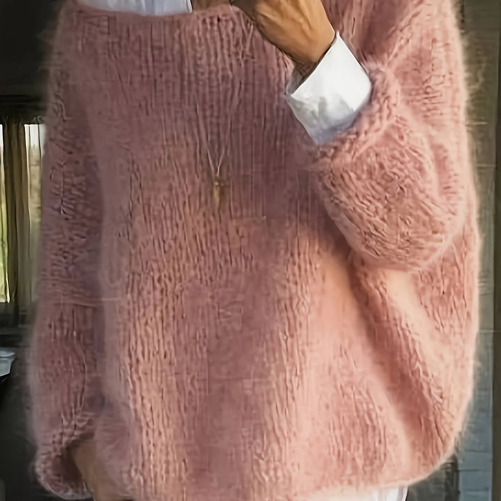 Women's pink relaxed drop-shoulder crew neck sweater, with ribbed trim