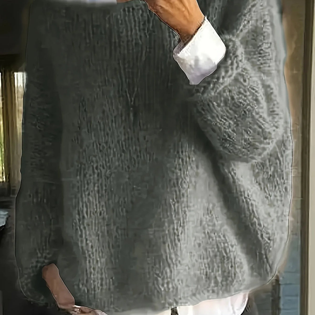 Women's grey relaxed drop-shoulder crew neck sweater, with ribbed trim